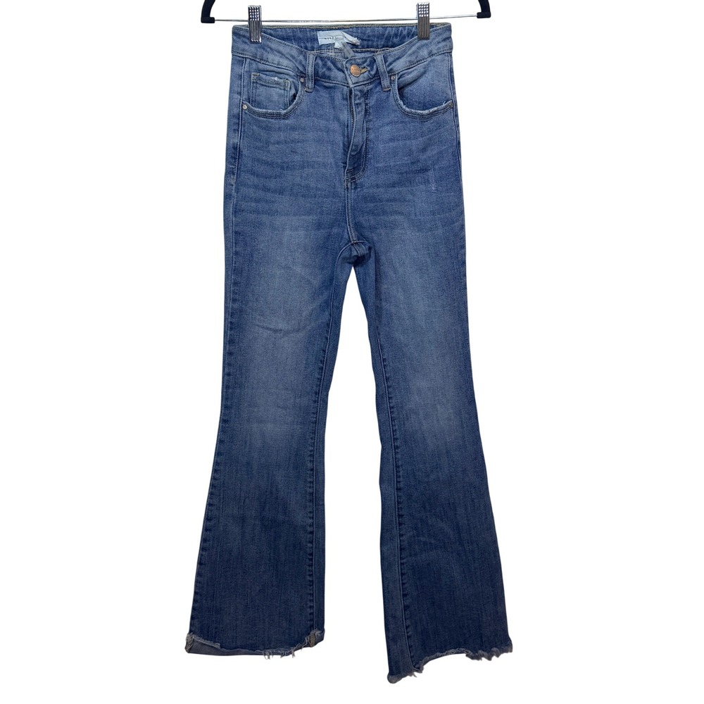 Risen Flare Jeans Womens Size 3/26 Blue Medium Wash Raw Hem RDP5536